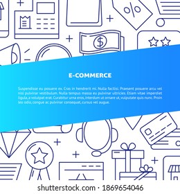 E-commerce banner in line style with place for text. Internet shopping poster with online commerce icons. Vector illustration.