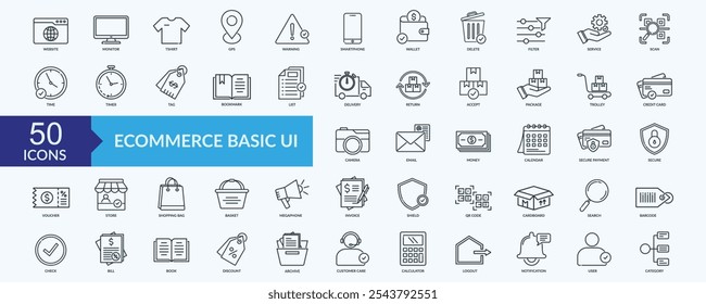 Ecommerce basic UI icon collection set with website, monitor, service, barcode, notification
