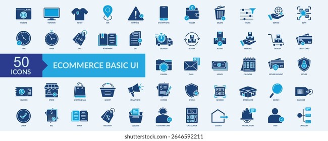 Ecommerce basic UI icon collection set with website, monitor, service, barcode, notification