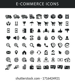 E-commerce black isolated vector icon set. Icons for on-line shop, website, fulfilment service. Delivery and shipping symbols.