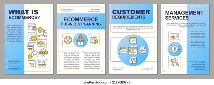 Ecommerce blue brochure template. Online business. Leaflet design with linear icons. Editable 4 vector layouts for presentation, annual reports. Arial-Black, Myriad Pro-Regular fonts used