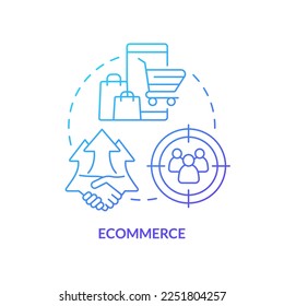 Icono de concepto de gradiente azul Ecommerce. Comercio social. Compras en vivo. Ilustración de línea delgada de ideas abstractas de tendencia de economía creadora. Dibujo de contorno aislado. Se usa una fuente Myriad Pro-Bold