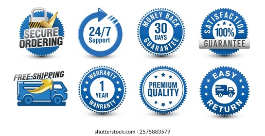 E-commerce blue-colored online ordering badges for money back, satisfaction guarantee, easy return, etc. isolated on a white background. 
