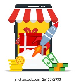 E-commerce booster strategy concept. Rocket launch from online store and giftbox with percentages tag label on screen.