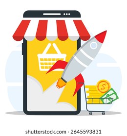 Concepto de estrategia de refuerzo de comercio electrónico. Lanzamiento del cohete de la tienda en línea con el Carrito de compras que llena la pila de monedas y dinero del dólar. 