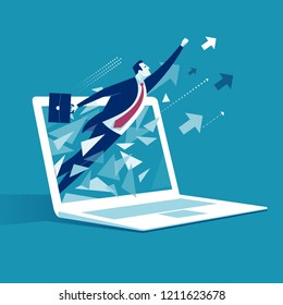 E-commerce Breakthrough.  Businessman breaks surface of laptop monitor. Business vector illustration.