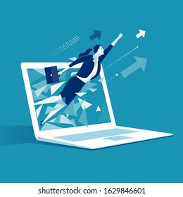 E-commerce breakthrough.  Businesswoman breaks from laptop monitor. Business vector illustration.