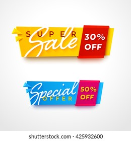 Ecommerce bright vector banner. Nice plastic cards in material design style. Transparent blue and yellow papers with red and pink ribbons.