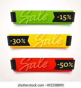 Ecommerce bright vector banner. Nice plastic cards in material design style. Transparent blue, green and yellow papers with black ribbons.