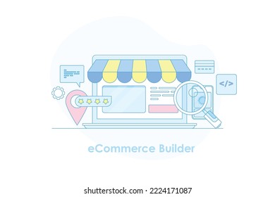 eCommerce builder platform, ecommerce website marketing, online shop, digital marketplace concept - flat line vector illustration