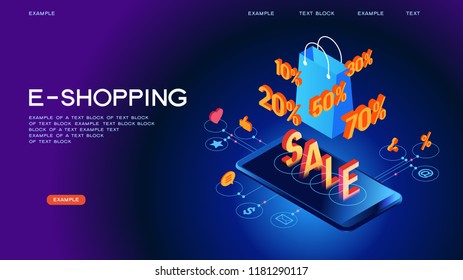 Ecommerce business concept. Landing page template. Purchasing goods in internet store via smart phone, online shopping, worldwide order delivery and payment. 3d vector isometric illustration.