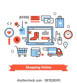 Ecommerce business concept. Purchasing goods in internet store, online shopping cart with products, order delivery and payment. Thin line art flat illustration with icons.