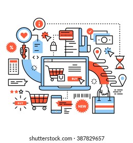 Ecommerce business concept. Purchasing goods in internet store, online shopping cart with products, order delivery and payment. Thin line art flat illustration with icons.