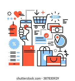 Ecommerce business concept. Purchasing goods in internet store via smart phone, online shopping, worldwide order delivery and payment. Thin line art flat illustration with icons.