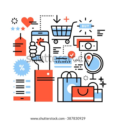 Ecommerce business concept. Purchasing goods in internet store via smart phone, online shopping, worldwide order delivery and payment. Thin line art flat illustration with icons.
