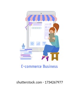 E-commerce Business concept vector illustration. metaphor in illustration, a huge smartphone as an online store and next to a tiny woman with a tablet.