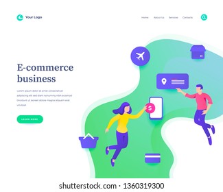E-commerce business concept, workflow flying people and interaction with icons. Landing page template. Vector illustration.