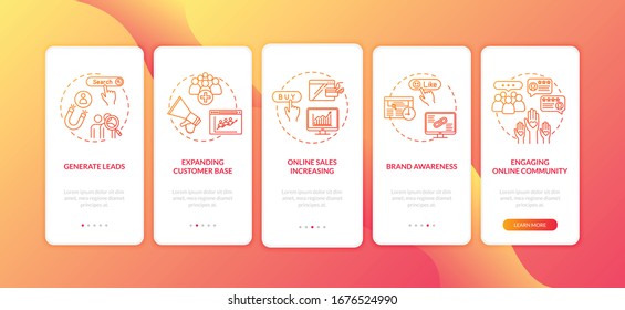 Ecommerce business development onboarding mobile app page screen with concepts. Attracting visitors tips walkthrough 5 steps graphic instructions. UI vector template with RGB color illustrations
