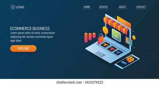 E-commerce business, Digital business, Online shopping experience, 3D, isometric vector landing page with icons and texts