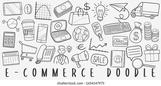E-Commerce Business Doodle Line Art Illustration. Hand Drawn Vector Clip Art. Banner Set Logos.
