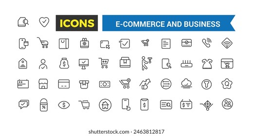 E-commerce and business icon set. Online shopping and delivery elements line icon set. Outline icons pack. Editable vector icon and illustration.