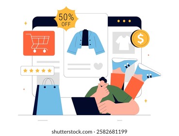 E-commerce Business Illustration featuring the Process of Online Buying and Selling Transactions, Promotional Offers, Ratings, and Customer Feedback