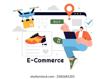 E-commerce Business Illustration featuring the Process of Online Buying and Selling Transactions, Promotional Offers, Ratings, and Customer Feedback