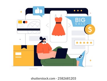 E-commerce Business Illustration featuring the Process of Online Buying and Selling Transactions, Promotional Offers, Ratings, and Customer Feedback