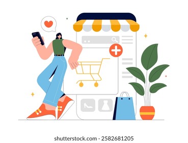 E-commerce Business Illustration featuring the Process of Online Buying and Selling Transactions, Promotional Offers, Ratings, and Customer Feedback