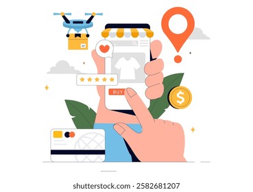 E-commerce Business Illustration featuring the Process of Online Buying and Selling Transactions, Promotional Offers, Ratings, and Customer Feedback