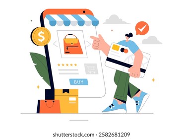 E-commerce Business Illustration featuring the Process of Online Buying and Selling Transactions, Promotional Offers, Ratings, and Customer Feedback