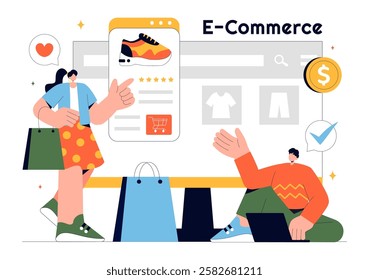 E-commerce Business Illustration featuring the Process of Online Buying and Selling Transactions, Promotional Offers, Ratings, and Customer Feedback