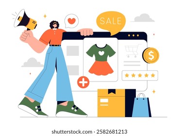 E-commerce Business Illustration featuring the Process of Online Buying and Selling Transactions, Promotional Offers, Ratings, and Customer Feedback