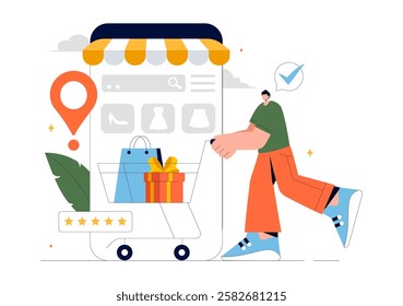 E-commerce Business Illustration featuring the Process of Online Buying and Selling Transactions, Promotional Offers, Ratings, and Customer Feedback