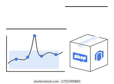 E-commerce, business intelligence, growth tracking, data visualization, retail analysis, product delivery. Graph with data points and shop-themed box packaging. E-commerce and business intelligence