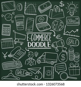 E-Commerce Business Internet. Chalkboard Doodle Icons. Sketch Hand Made Design Vector Art.