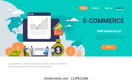 E-commerce Business Money Graph Growth Wealth Concept Dollar Coin Icon People Finance Ecommerce Analysis Over World Map Background Flat Horizontal Copy Space Vector Illustration