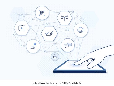 E-commerce Business Network Illustration: Digital Economy Concept, E Business Network With Icons, Online Education Platform. Finger Tapping Touch Screen Of Tablet PC, Side View Of Hand