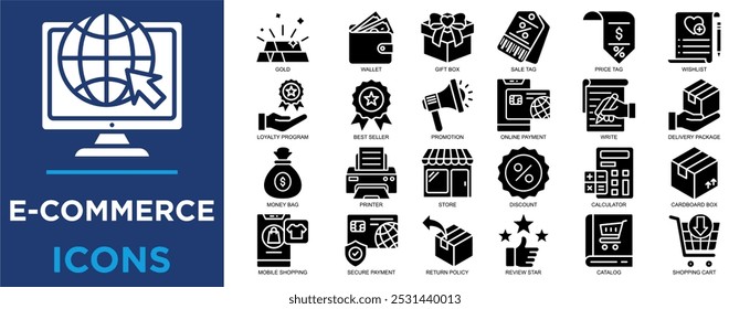 comercio electrónico, negocio, en línea, comercio, servicio, conjunto de iconos de tecnología. Colección de iconos de contorno. Ilustración vectorial simple	