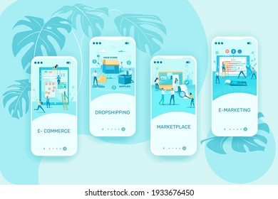 E-commerce Business and Online Payment and Documents Workflow. Mobile Application Interfaces Set with People Cartoon Characters in Various Financial Occupation Activity. Flat Vector Illustration.