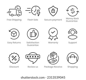 E-commerce business online shopping security badge satisfaction warranty discount etc. icon set.