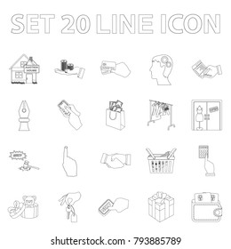 E-commerce and business outline icons in set collection for design. Buying and selling vector symbol stock web illustration.