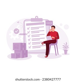 An e-commerce business owner calls the supplier to confirm the order and reviews the customer's address checklist before shipping the box. Order Confirmation concept.