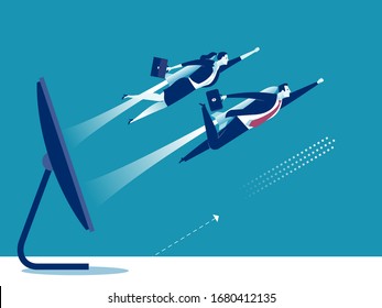 E-commerce. Business persons breaking surface of a computer display powered by a rocket engine. Business vector illustration
