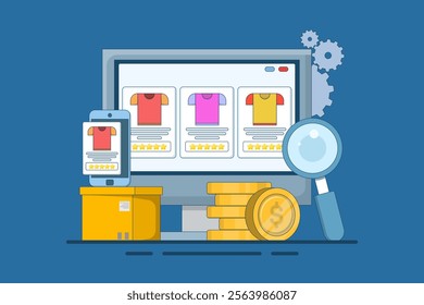 E-commerce business platform concept, e-commerce SEO strategy, online store promotion. Online shopping, e-commerce platform, digital marketing. Vector illustration with icons on background.