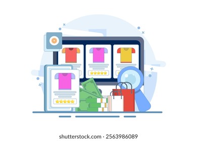 E-commerce business platform concept, e-commerce SEO strategy, online store promotion. Online shopping, e-commerce platform, digital marketing. Vector illustration with icons on background.