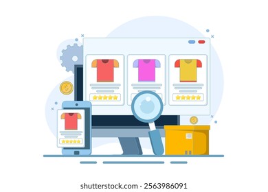 E-commerce business platform concept, e-commerce SEO strategy, online store promotion. Online shopping, e-commerce platform, digital marketing. Vector illustration with icons on background.