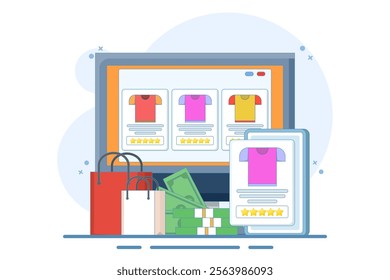 E-commerce business platform concept, e-commerce SEO strategy, online store promotion. Online shopping, e-commerce platform, digital marketing. Vector illustration with icons on background.