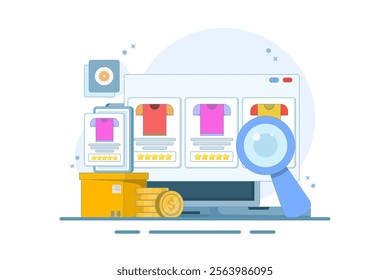 E-commerce business platform concept, e-commerce SEO strategy, online store promotion. Online shopping, e-commerce platform, digital marketing. Vector illustration with icons on background.