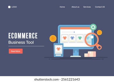 eCommerce business platform, ecommerce SEO strategy, Online shop promotion - vector landing page illustration with icons